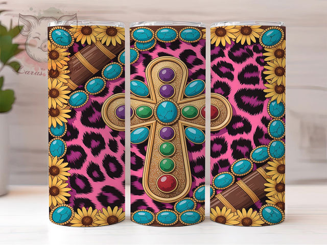 Rustic & Reverent Western Cross Tumbler, Gemstone Cross PNG, Western Sublimation Design, 20oz Cowgirl Tumbler Wrap, Rustic Cross Tumbler, Boho Western PNG, Country Faith Tumbler Wrap Sublimation Lara' s Designs 