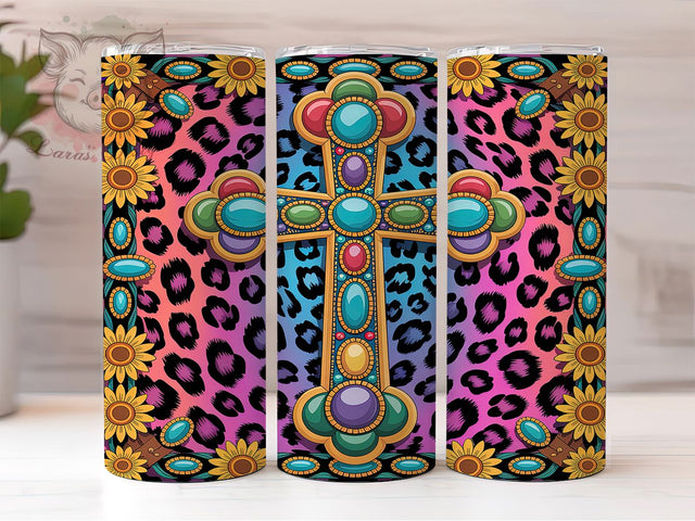 Rustic & Reverent Western Cross Tumbler, Gemstone Cross PNG, Western Sublimation Design, 20oz Cowgirl Tumbler Wrap, Rustic Cross Tumbler, Boho Western PNG, Country Faith Tumbler Wrap Sublimation Lara' s Designs 