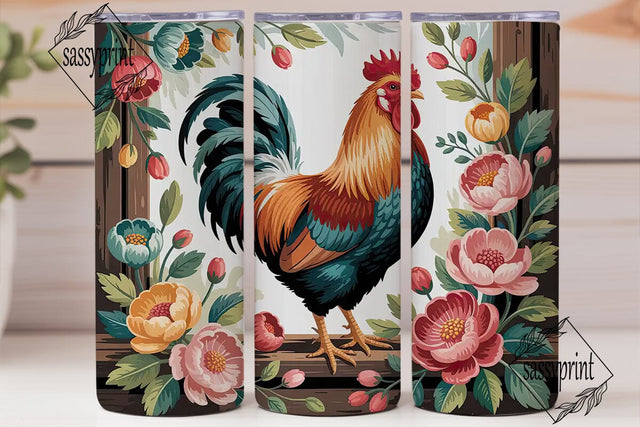Rustic Rooster Floral 20oz Tumbler Wrap Sublimation sassyprint 