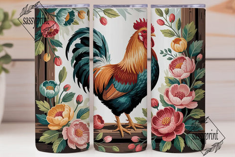Rustic Rooster Floral 20oz Tumbler Wrap Sublimation sassyprint 