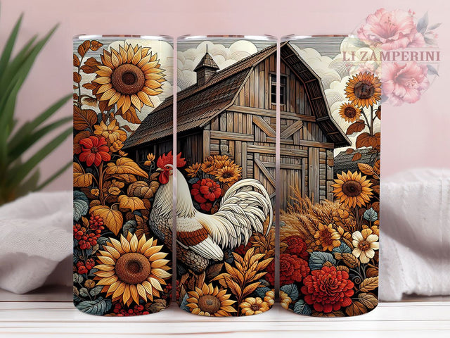Rustic Rooster Sunflower Farm Tumbler, Country Kitchen Gift, Rooster Decor Cup, Sunflower Pattern, Chicken Lover Present, Farm Style Tumbler, Rustic Home Gift Sublimation Li Zamperini 