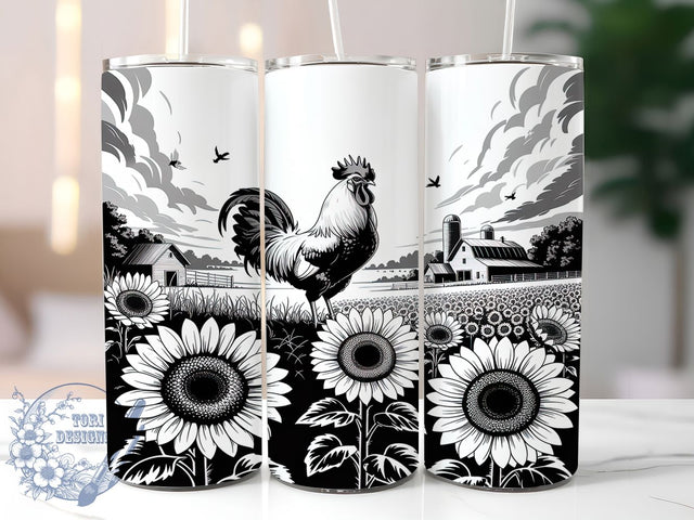 Rustic Rooster Sunflower Tumbler, Farmhouse Black White Pattern, Rustic Rooster Design, 20Oz Sublimation Wrap, Country Farm Art, Vintage Sunflower Texture, Tumbler Sublimation Sublimation ToriDesigns 