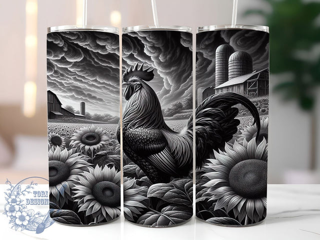 Rustic Rooster Sunflower Tumbler, Farmhouse Black White Pattern, Rustic Rooster Design, 20Oz Sublimation Wrap, Country Farm Art, Vintage Sunflower Texture, Tumbler Sublimation Sublimation ToriDesigns 
