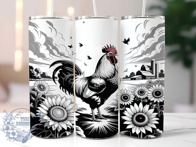Rustic Rooster Sunflower Tumbler, Farmhouse Black White Pattern, Rustic Rooster Design, 20Oz Sublimation Wrap, Country Farm Art, Vintage Sunflower Texture, Tumbler Sublimation Sublimation ToriDesigns 