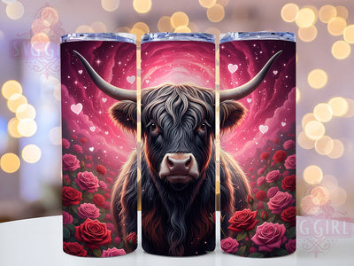 Rustic Rose Highland Cow Valentine Tumbler, Roses Love Pattern, Rustic Cow Design, 20Oz Sublimation Wrap, Romantic Cow Art, Country Rose Texture, Tumbler Sublimation Sublimation SvggirlplusArt 