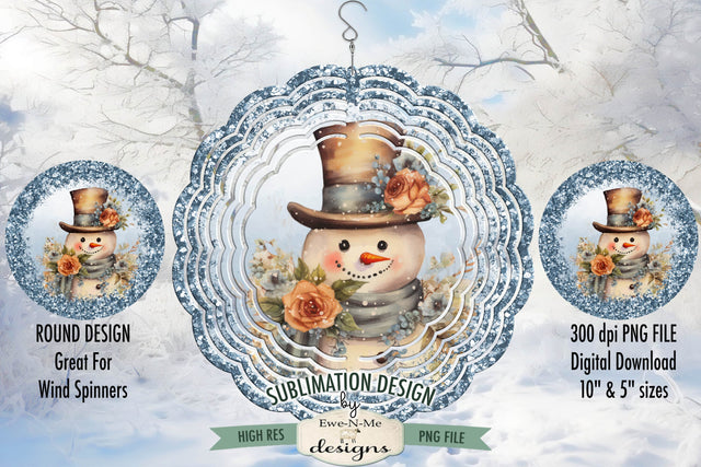 Rustic Snowman Blue Wind Spinner Sublimation Design | Round Snowman Sublimation Design Sublimation Ewe-N-Me Designs 