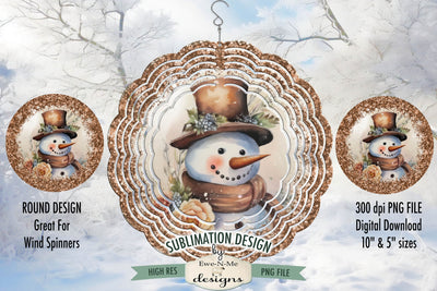 Rustic Snowman Bronze Wind Spinner Sublimation Design | Round Snowman Sublimation Design Sublimation Ewe-N-Me Designs 