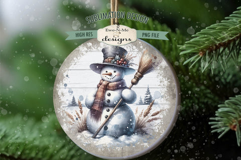 Rustic Snowman with Broom | Round Sublimation Design PNG Sublimation Ewe-N-Me Designs 