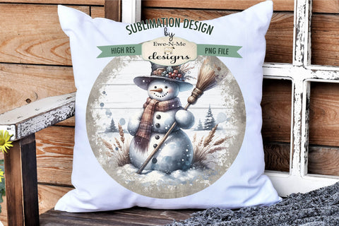 Rustic Snowman with Broom | Round Sublimation Design PNG Sublimation Ewe-N-Me Designs 
