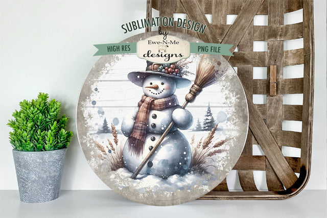 Rustic Snowman with Broom | Round Sublimation Design PNG Sublimation Ewe-N-Me Designs 