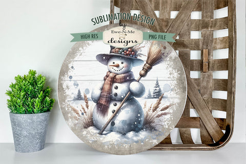 Rustic Snowman with Broom | Round Sublimation Design PNG Sublimation Ewe-N-Me Designs 