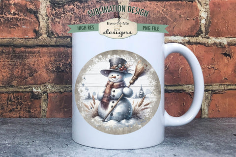 Rustic Snowman with Broom | Round Sublimation Design PNG Sublimation Ewe-N-Me Designs 