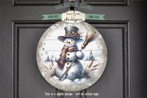 Rustic Snowman with Broom | Round Sublimation Design PNG Sublimation Ewe-N-Me Designs 