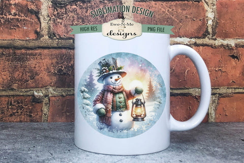 Rustic Snowman with Lantern | Round Sublimation Design PNG Sublimation Ewe-N-Me Designs 