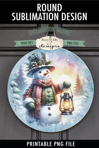 Rustic Snowman with Lantern | Round Sublimation Design PNG Sublimation Ewe-N-Me Designs 