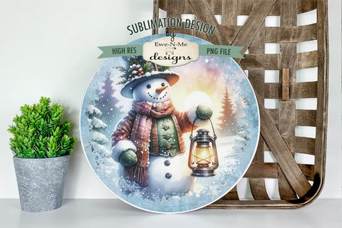 Rustic Snowman with Lantern | Round Sublimation Design PNG Sublimation Ewe-N-Me Designs 
