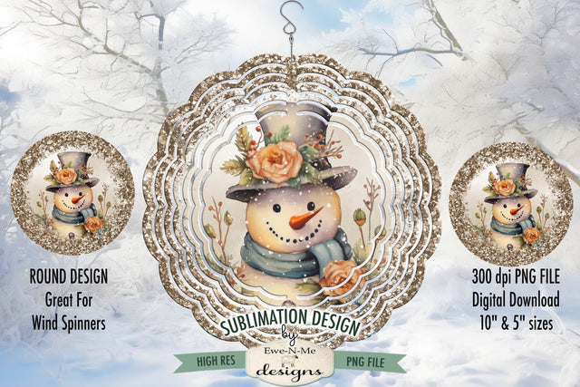 Rustic Snowman with Rose Wind Spinner Sublimation Design | Round Snowman Sublimation Design Sublimation Ewe-N-Me Designs 