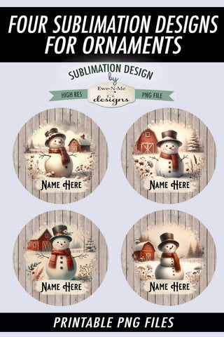 Rustic Snowmen on Farm Ornament Design PNG Files | Add Your Own Name Sublimation Ewe-N-Me Designs 