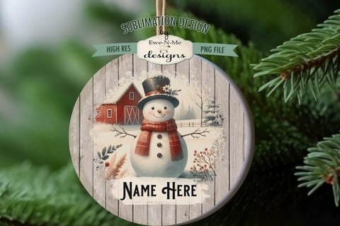 Rustic Snowmen on Farm Ornament Design PNG Files | Add Your Own Name Sublimation Ewe-N-Me Designs 