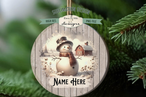 Rustic Snowmen on Farm Ornament Design PNG Files | Add Your Own Name Sublimation Ewe-N-Me Designs 