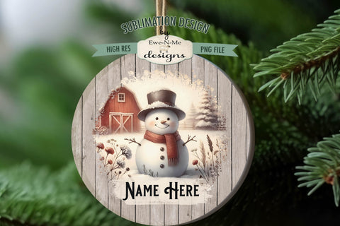Rustic Snowmen on Farm Ornament Design PNG Files | Add Your Own Name Sublimation Ewe-N-Me Designs 