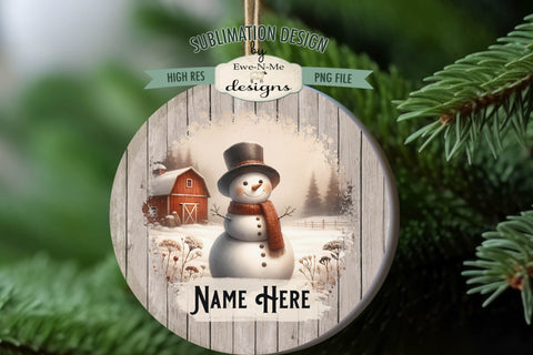 Rustic Snowmen on Farm Ornament Design PNG Files | Add Your Own Name Sublimation Ewe-N-Me Designs 