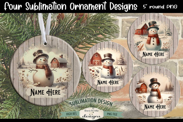 Rustic Snowmen on Farm Ornament Design PNG Files | Add Your Own Name Sublimation Ewe-N-Me Designs 