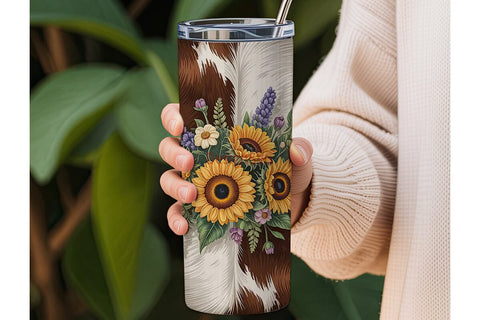 Rustic Sunflower Cowhide 20oz Tumbler Sublimation DesignSVG 