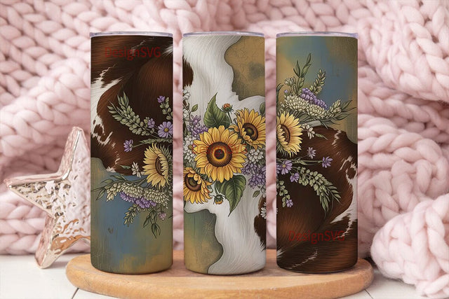 Rustic Sunflower Cowhide 20oz Tumbler Sublimation DesignSVG 