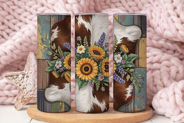 Rustic Sunflower Cowhide 20oz Tumbler Sublimation DesignSVG 