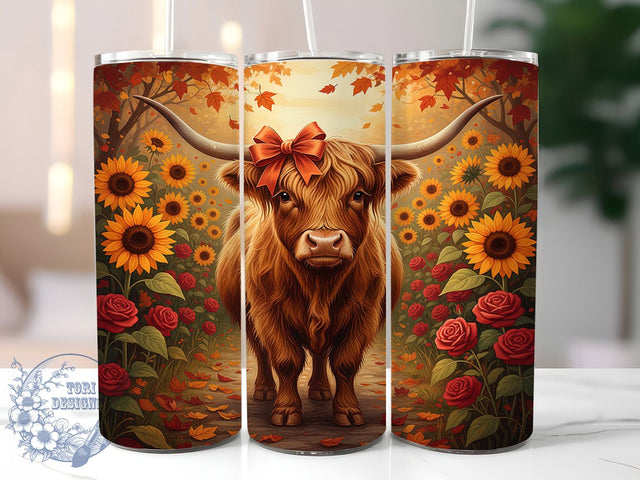 Rustic Sunflower Highland Cow Tumbler, Sunflower Wrap, Fall Plaid, Sublimation Art, 20oz Tumbler, Farmhouse Style, Rustic Theme Sublimation ToriDesigns 