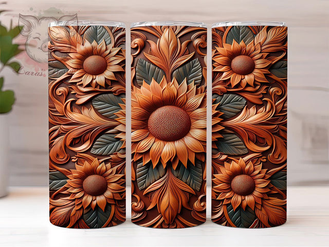 Rustic Sunflower Leather Tumbler, Sunflower Wood Engraving, 20oz Leather Tumbler, Engraved Sunflower Wrap, Rustic Sunflower Tumbler, Vintage Leather Design, Wood Engraved Tumbler Sublimation Lara' s Designs 