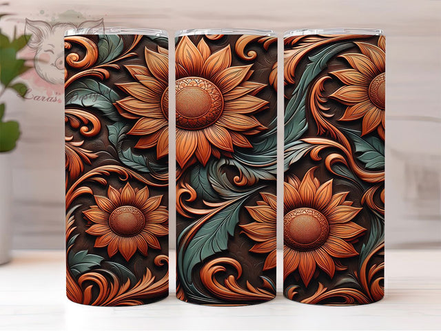 Rustic Sunflower Leather Tumbler, Sunflower Wood Engraving, 20oz Leather Tumbler, Engraved Sunflower Wrap, Rustic Sunflower Tumbler, Vintage Leather Design, Wood Engraved Tumbler Sublimation Lara' s Designs 
