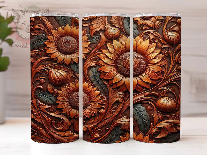 Rustic Sunflower Leather Tumbler, Sunflower Wood Engraving, 20oz Leather Tumbler, Engraved Sunflower Wrap, Rustic Sunflower Tumbler, Vintage Leather Design, Wood Engraved Tumbler Sublimation Lara' s Designs 