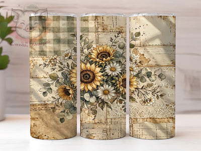 Rustic Sunflower Patch 20oz Tumbler, Sunflower Motif, Rustic Theme, Patch Accent, Floral Art Design, Cozy Charm, Sublimation Wrap, 20oz Tumbler Sublimation Lara' s Designs 