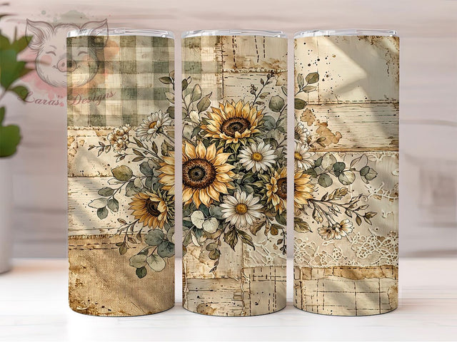 Rustic Sunflower Patch 20oz Tumbler, Sunflower Motif, Rustic Theme, Patch Accent, Floral Art Design, Cozy Charm, Sublimation Wrap, 20oz Tumbler Sublimation Lara' s Designs 