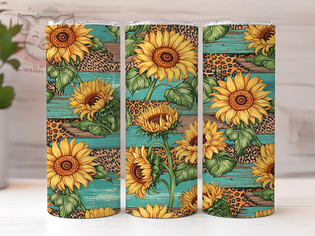 Rustic Sunflower Teal Leopard Tumbler, Teal Wood Tumbler Wrap, Leopard Print Tumbler, 20Oz Tumbler Sublimation, Floral Animal Print Tumbler, Sunflower Tumbler Design Sublimation Lara' s Designs 