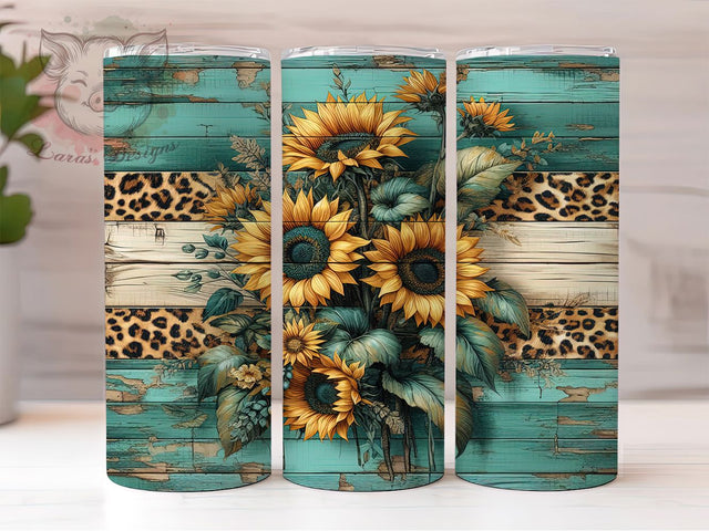 Rustic Sunflower Teal Leopard Tumbler, Teal Wood Tumbler Wrap, Leopard Print Tumbler, 20Oz Tumbler Sublimation, Floral Animal Print Tumbler, Sunflower Tumbler Design Sublimation Lara' s Designs 
