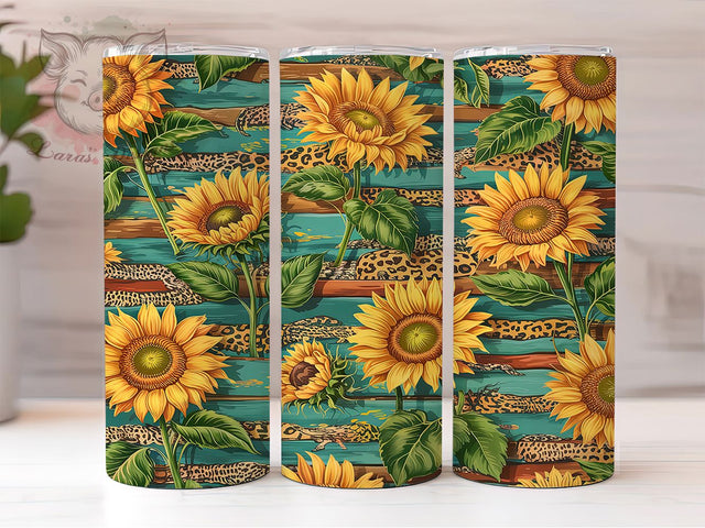 Rustic Sunflower Teal Leopard Tumbler, Teal Wood Tumbler Wrap, Leopard Print Tumbler, 20Oz Tumbler Sublimation, Floral Animal Print Tumbler, Sunflower Tumbler Design Sublimation Lara' s Designs 
