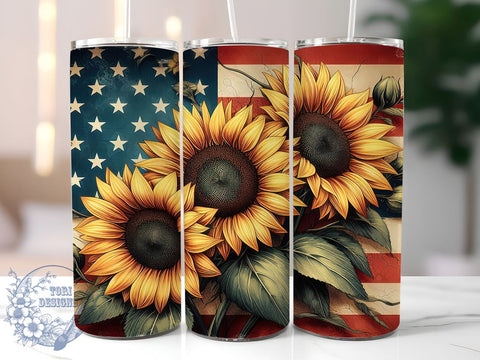Rustic Sunflowers 20oz Skinny Tumbler, American Flag Tumbler Png, Straight & Tapered Tumbler Wrap, Instant Digital Download Sublimation ToriDesigns 