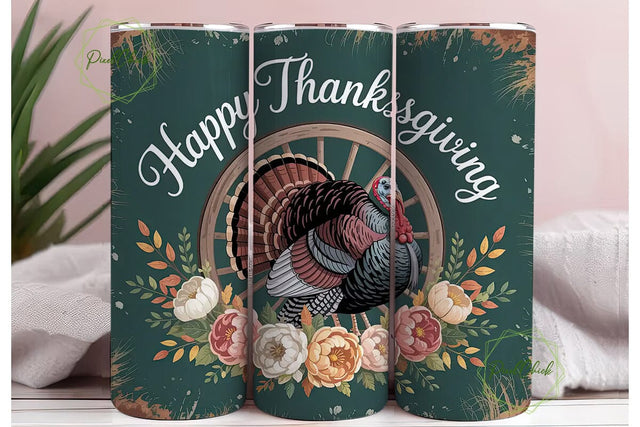 Rustic Turkey Floral 20oz Tumbler Wrap Sublimation PixelChick 
