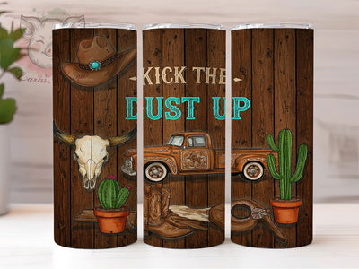 Rustic Western Cowboy Rodeo Tumbler, Kick The Dust Up Cup, Rodeo Country Tumbler, Rustic Cowboy Print, Cowgirl Western Drinkware, Country Music Tumbler, Horse Riding Mug Sublimation Lara' s Designs 
