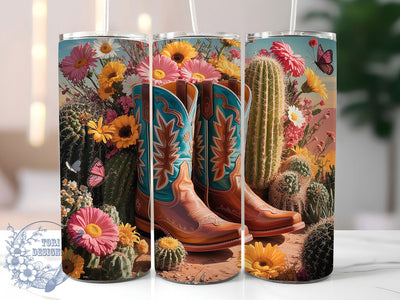 Rustic Western Cowgirl Boots Tumbler, Western Tumbler Design, Cactus Floral Wrap, Rustic Western Wrap, Country Cowgirl Wrap, Sublimation Design, Trendy Gift Idea Sublimation ToriDesigns 