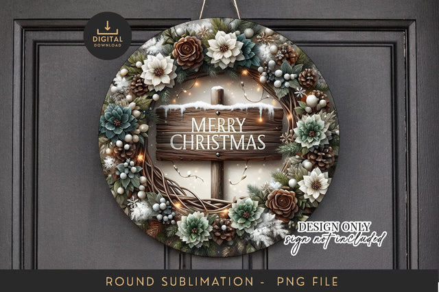 Rustic Wood Sign Sublimation PNG - Round Christmas Wreath Sublimation BijouBay 