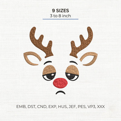 Sad Reindeer Face Embroidery Design – Funny Christmas Red Nose Reindeer Machine Embroidery File, 9 Sizes Embroidery/Applique DESIGNS PatternFeed8 