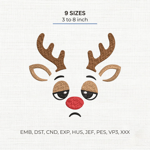 Sad Reindeer Face Embroidery Design – Funny Christmas Red Nose Reindeer Machine Embroidery File, 9 Sizes Embroidery/Applique DESIGNS PatternFeed8 