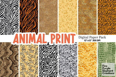 Safari Animal Print Digital Paper | African Wildlife Sublimation Digital Pattern Fine Purple Elephant Creations 