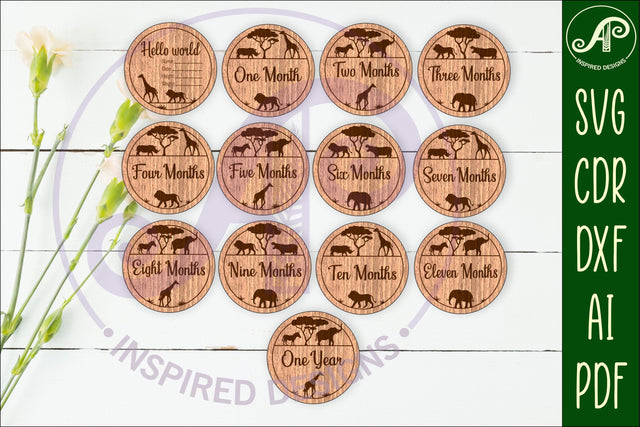 Safari animals themed Baby monthly milestone discs SVG laser SVG APInspireddesigns 