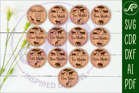 Safari animals themed Baby monthly milestone discs SVG laser SVG APInspireddesigns 