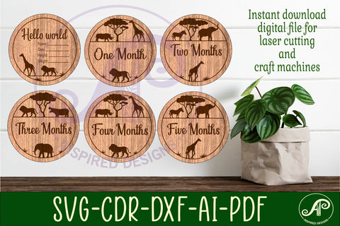 Safari animals themed Baby monthly milestone discs SVG laser SVG APInspireddesigns 